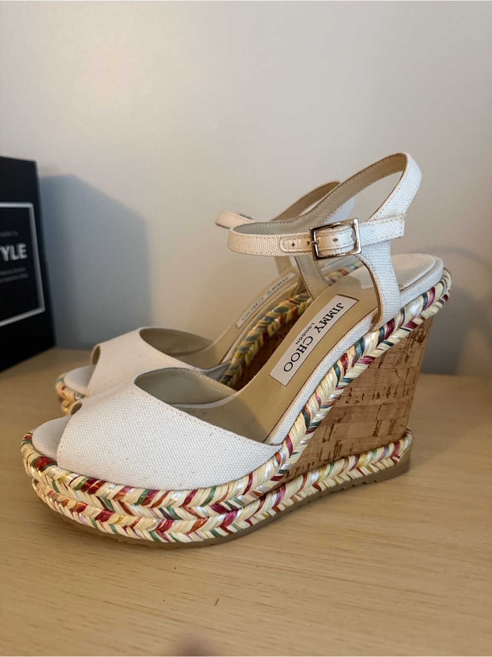 Jimmy Choo White Canvas Cork Braided-Trim Wedge Sandals